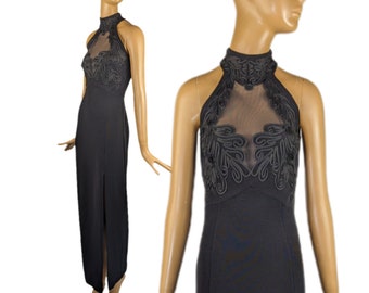 Vintage black mesh mockneck 90s Tadashi gown high neck sheer maxi dress