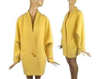 Louis Feraud 80s designer yellow wool coat oversized boxy cocoon dolman sleeve jacket