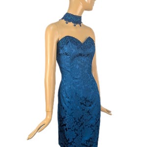 Vintage 80s Jessica McClintock teal blue lace halter neck cocktail dress vintage 90s party dress minidress