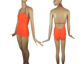 Lissy neon orange hot pink vintage 1960s one piece swimsuit halter neck bombshell bathing suit