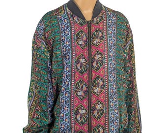 Silk Club Vintage Silk Bomber Jacket Size S Colorful Paisley Floral Print zip up