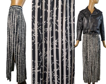 Gene Ewing Bis Beverly Hills vintage 1980s black cat midi skirt slits accordion pleated skirt black and white stripe abstract print