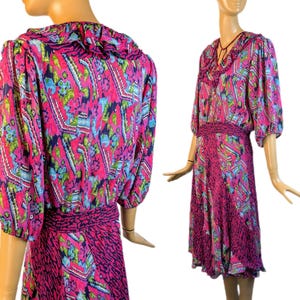 Vintage 80&#39;s designer Susan Freis colorful hot pink boho ruffle dress