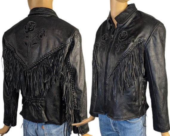 90s Vintage Black Leather Motorcycle Jacket With Rose Floral 