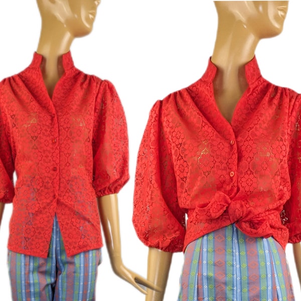 Carefree Fashions 70s vibrant orange red floral lace puff sleeve button up blouse volup top