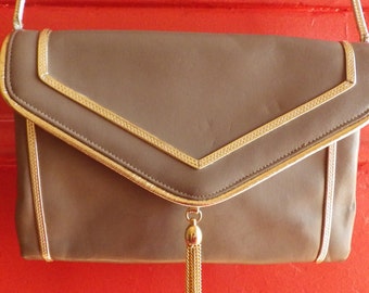 1960s Vintage LOU TAYLOR Taupe Leather Handbag Purse with Gold Shoulder Strap & Tassel