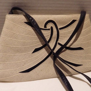 1970s Vintage REVA Linen Shoulder Bag: Navy Leather Applique
