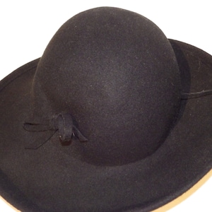 1970s Vintage Doeskin Black Wool Hat Fedora Turned-Up Side Union Label Made in USA