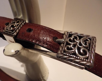 1990s vintage BRIGHTON Brown Leather Belt Ornate Silver Tone Buckle and End Tip