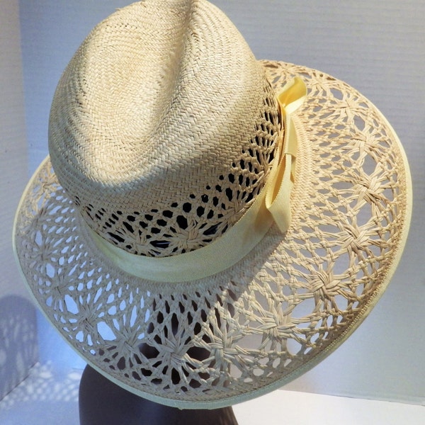 1990s Fabini Open Weave Wide Brim Hat Natural Straw Open Weave Brim