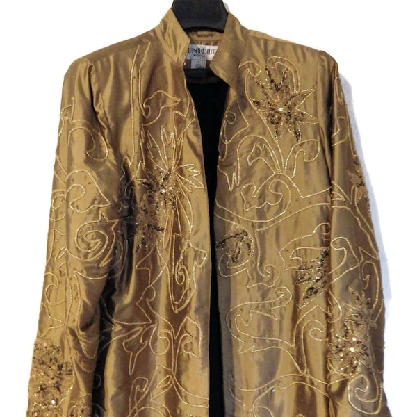 Vintage TUNIQUE Nights 100% Silk Opera Coat Nehru Jacket Beaded Embroidered Gold Thread Size SMALL