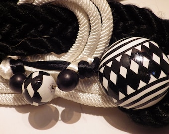 1970s Vintage Belt Black & White Lacquered Beads Rope Cord  Adjustable to 35"