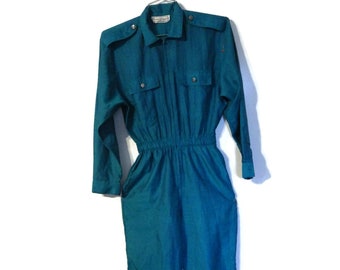 1970s Vintage Jumpsuit Saint Germain  Paris Front Zip Epaulets Jade Green Pockets Size