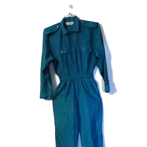 1970s Vintage Jumpsuit Saint Germain Paris Front Zip Epaulets Jade Green Pockets Size image 1