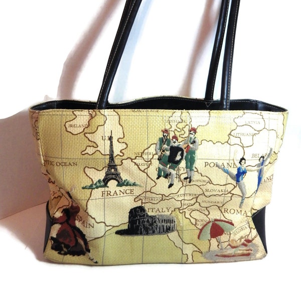 Vintage Bueno Shoulderbag/ Handbag/ Printed & Embroidered Raffia/ World Map/ France/ Italy/ Spain