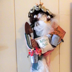 1998 R  Hand Made Lady Gardener Cloth Doll OOAK Signed Strausburg Gardening 33&quot;