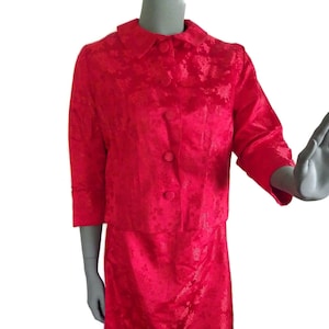 1980s Vintage Red Silk Damask Jacket Dress: Asian Inspired Sheath, SMALL