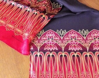 1998 Vintage Smithsonian Institution Silk Scarf Black Red Metallic Gold Lotus Flowers Rectangular