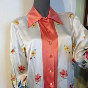 90s Silk Floral Tunic Blouse - Peach Cream Green - Size Medium