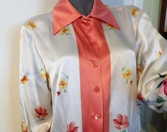 90er Jahre Seiden Blümchen Tunika Bluse - Pfirsich Creme Grün - Größe Medium