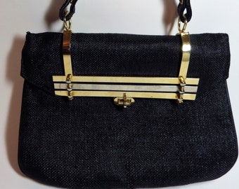 1960s WALBORG Shoulderbag Black Straw Brass and Nickel Accents Handbag Made in Italy