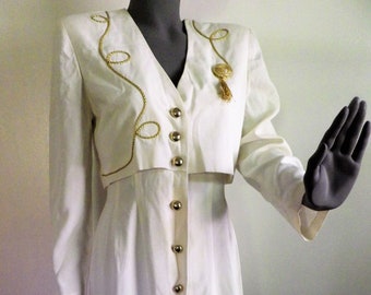 1980s vintage PJ KLEIN Dress White Gold Braid Shoulder Pads Taille 5/6