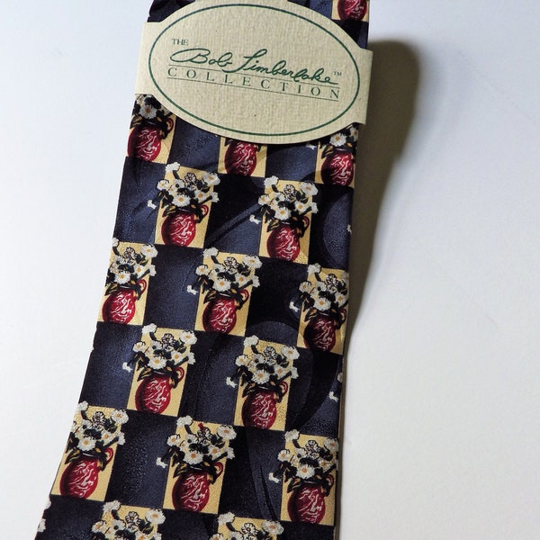 1990 vintage Necktie Tie Bob Timberlake Silk New avec Tag Navy Red Daisies in Vase par BOST USA