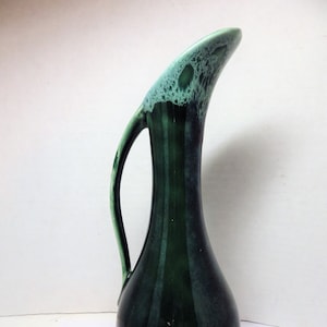 1950s Vintage USA Pottery Small Ewer Vase Pitcher Green Drip Mid Century Modern