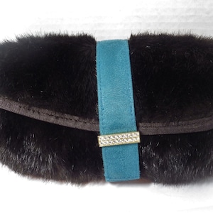 Vintage Stephanie Johnson Jewelry Roll/ Cosmetic Bag/ Faux Fur/ Metallic Paisley/ Rhinestone Clasp
