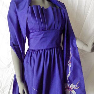 1980s Vintage Bespoke Cocktail Dress and Shawl Scarf Hand Painted Royal Blue SMALL