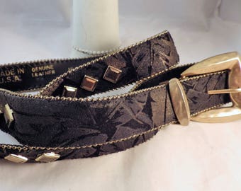 Vintage Tooled Leather Western Belt: Black Suede, Brass Buckle, Size Medium