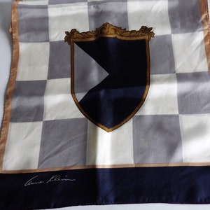 1980s Vintage Anne Klein Silk Scarf Club Design Rectangular Gray White Squares with Navy Shield Medieval Cosplay