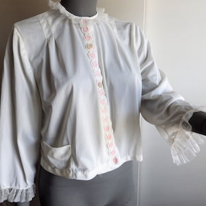 1950s Vintage Bed Jacket White Nylon Pink Lace Stella Fagin LARGE
