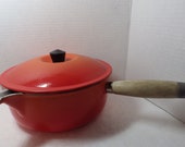 1970s Vintage Le Creuset Cast Iron Sauce Pan France 20 Orange Wood Handle Spout