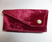 1950s Vintage Evening Bag Clutch Red Crushed Velvet Fresh Water Pearl Clasp Ball Chain Finger Hold