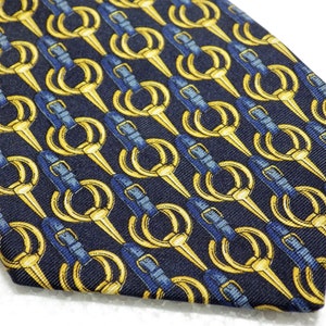 1990s  Vintage Necktie JOHN COMFORT Silk London England Navy Gold Rings and Leather
