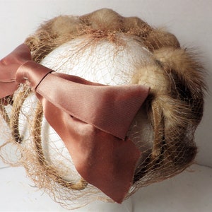 1960s Beige Mink Fascinator Champagne Satin Ribbon with Veil