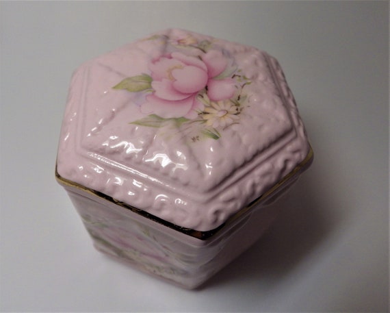 Vintage Trinket Box Pink Rose CROWN Bone China En… - image 1