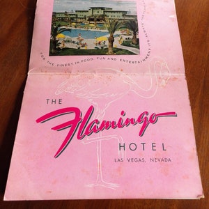 Fabuleux 1950 vintage Flamingo Hotel Las Vegas Menu / Carte postale / Mailer