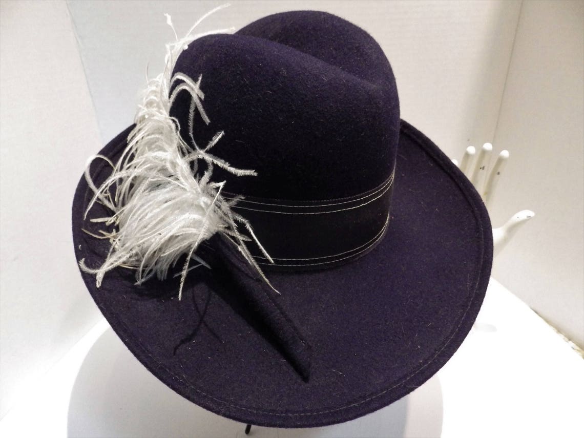 1960s Navy Blue Wool Felt Hat White Ostrich Feather Doeskin - Etsy