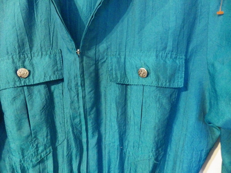 1970s Vintage Jumpsuit Saint Germain Paris Front Zip Epaulets Jade Green Pockets Size image 9