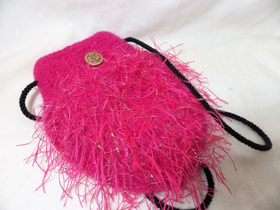 1980s Small Knit Pouch Handbag Hot Pink Eyelash Y… - image 5