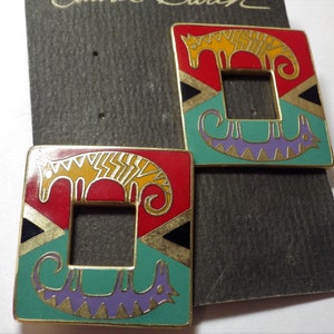 Brincos vintage Laurel Burch perfurados tatus quadrados esmaltados