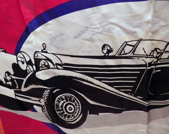 1980s Vintage Mercedes Benz Silk Scarf/ Red/ Orange/ Car/ Large 33&quot; Square