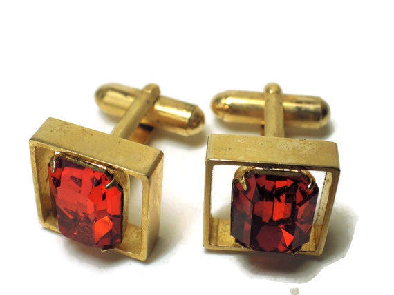 Vintage Cufflinks Emerald Cut Orange "Gems" Gold … - image 5