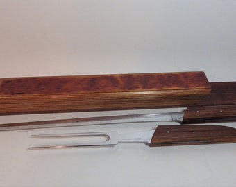 1970s Vintage Robeson Shuredge Gourmet Carving Set in Pakkawood Case Knife and Fork