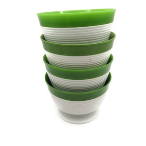 Four (4) Thermo-Temp Raffiaware Icecream Dish/ Footed Bowl/ Lime Green & White