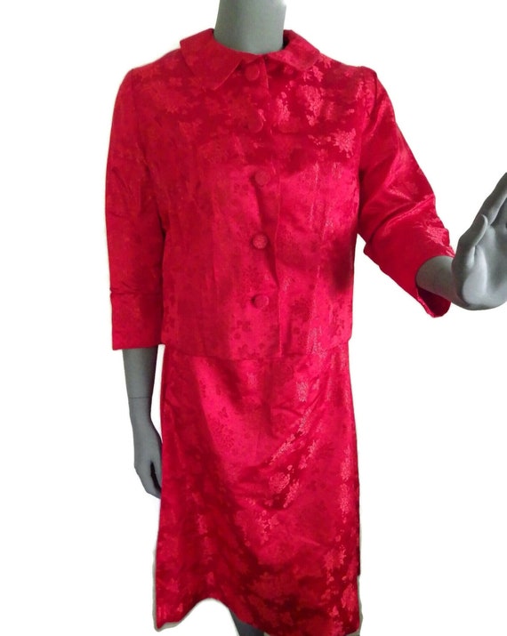 1980s Vintage Jacket Dress Red Silk Damask Sleevel