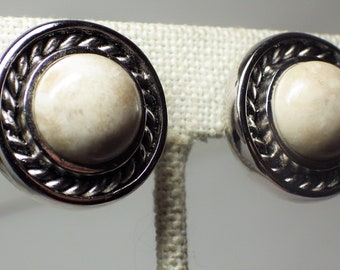 1990s Vintage CINER Clip On Earrings Silver Tone and Veined Ivory Color Stone