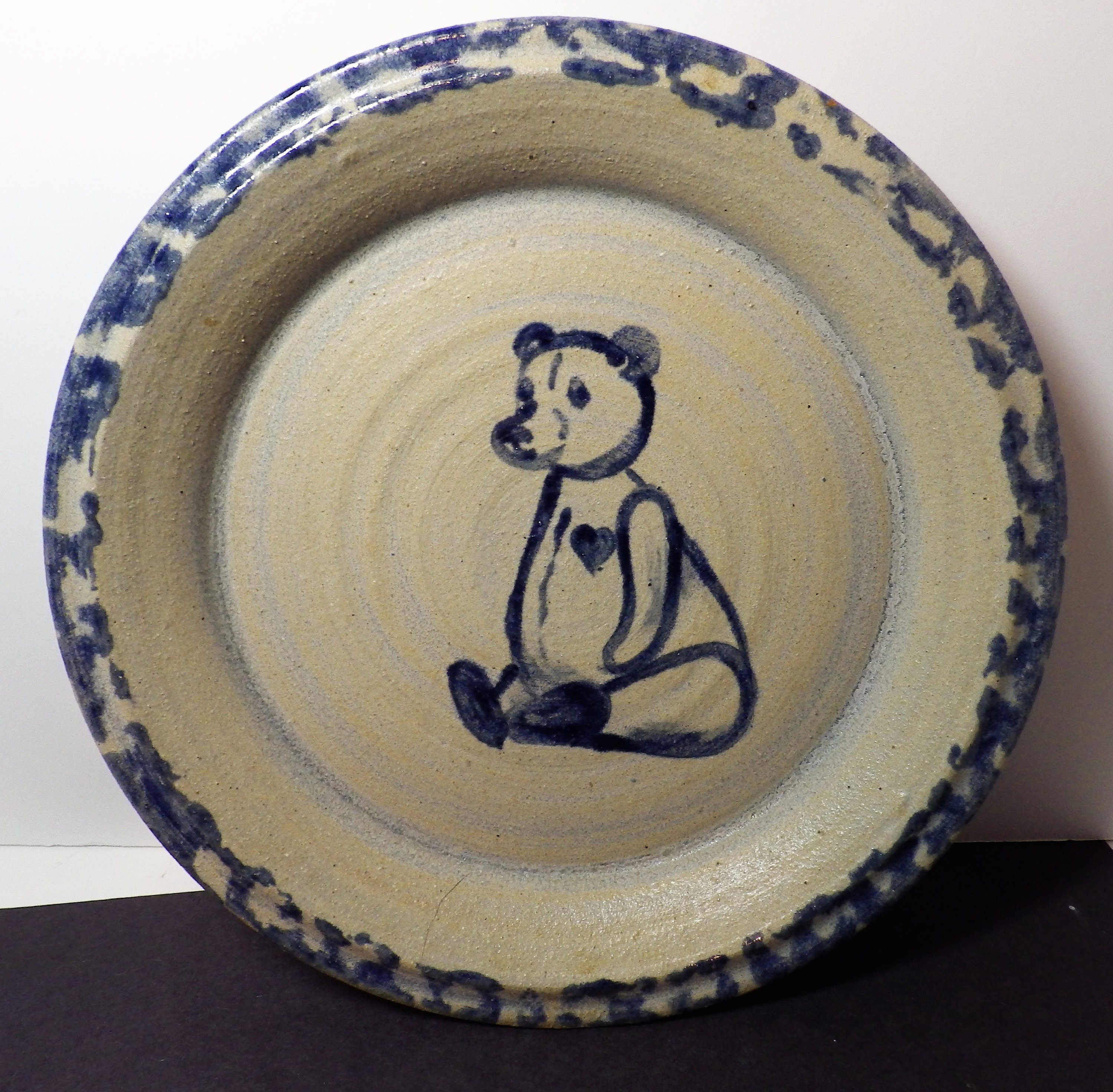Vintage Studio Pottery Teddy Bear Plate Child's Blue Sponge ELLIS POTTERY Pinehurst NC